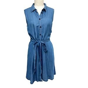 POPSUGAR Chambray Sleeveless Shirt Dress Tie-Waist Button Down Pockets Small